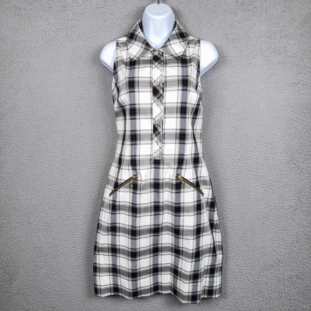 Sara Campbell Shirt Dress Womens 6 White Black Plaid Sleeveless Mini Preppy Luxe